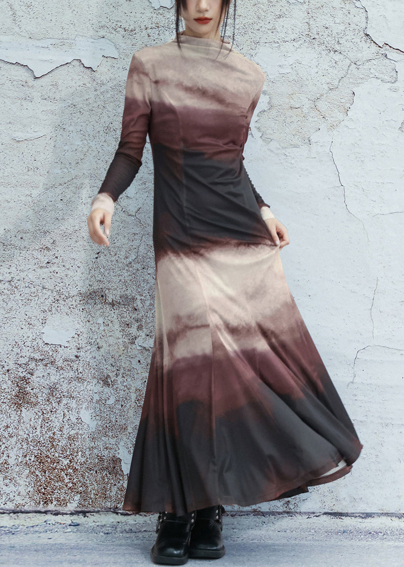 Slim Fit Gradient Color Turtleneck Tulle Long Dresses Spring