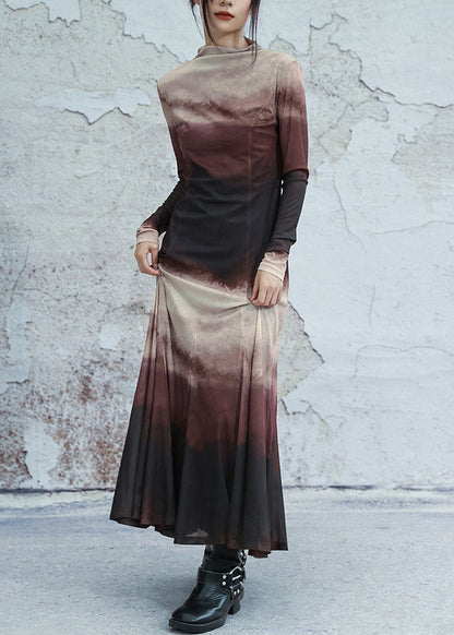 Slim Fit Gradient Color Turtleneck Tulle Long Dresses Spring