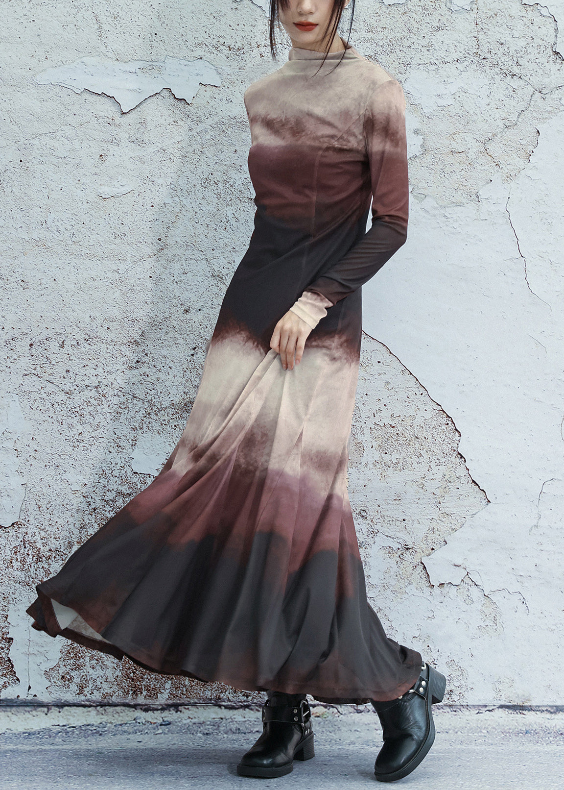 Slim Fit Gradient Color Turtleneck Tulle Long Dresses Spring