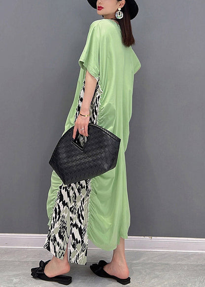 Slim Fit Green O-neck Asymmetrical Patchwork Wrinkled Chiffon Dress Short Sleeve