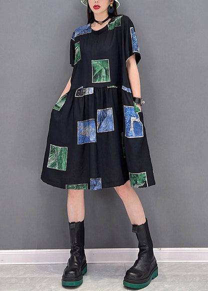 Slim Fit Green O-neck Asymmetrical Print Wrinkled Pockets Dress Short Sleeve