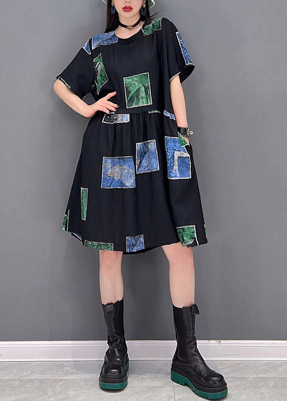 Slim Fit Green O-neck Asymmetrical Print Wrinkled Pockets Dress Short Sleeve