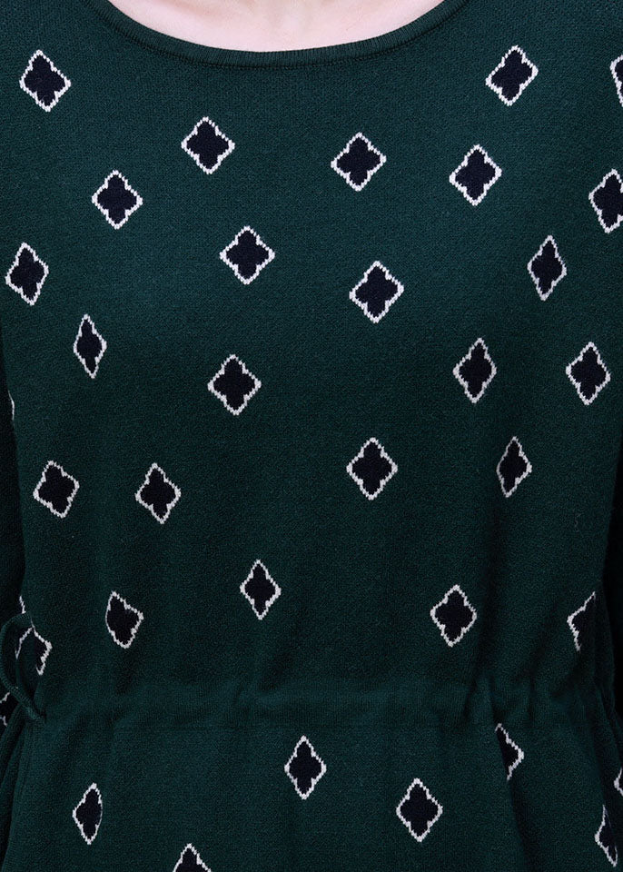 Slim Fit Green O-neck Drawstring Print Knit Long Dress Long Sleeve