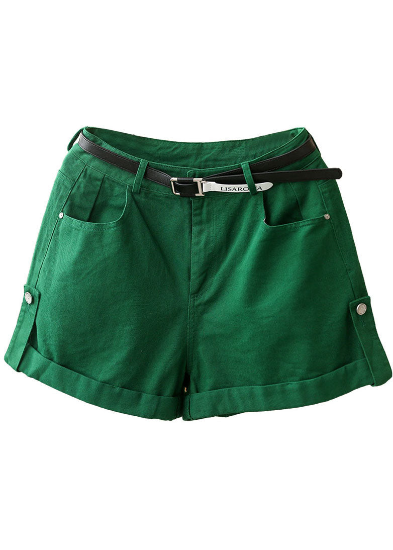 Slim Fit Green Color High Waist Pockets Sashes Cotton Shorts Summer