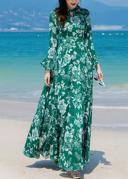 Slim Fit Green Turtleneck Print Chiffon Long Beach a Line Dresses Spring