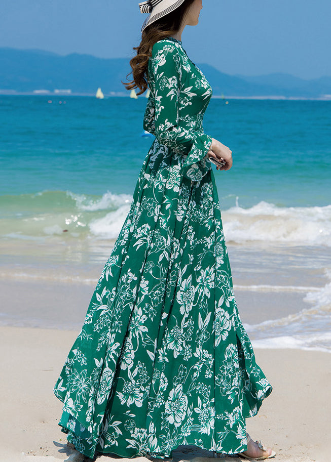 Slim Fit Green Turtleneck Print Chiffon Long Beach a Line Dresses Spring