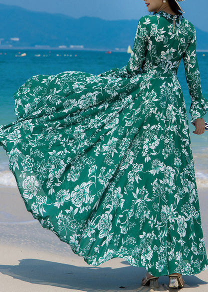 Slim Fit Green Turtleneck Print Chiffon Long Beach a Line Dresses Spring