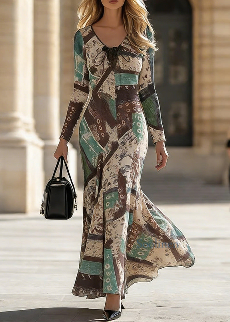 Slim Fit Green V Neck Print Long Dress Spring