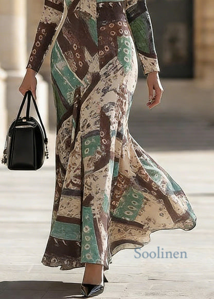 Slim Fit Green V Neck Print Long Dress Spring