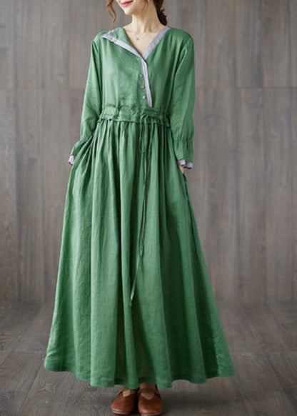 Slim Fit Green V Neck Tie Waist Asymmetrical Long Dress Long Sleeve