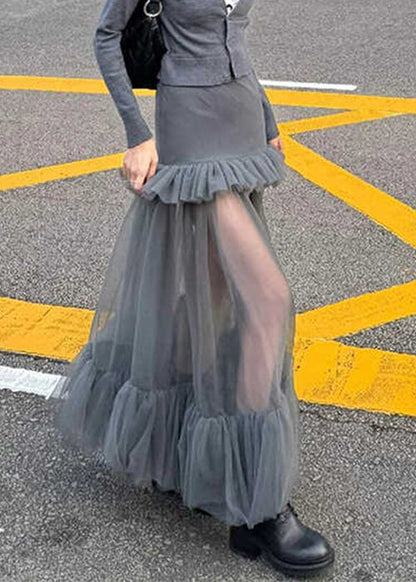 Slim Fit Grey Ruffled Tulle Patchwork Maxi Skirts Spring