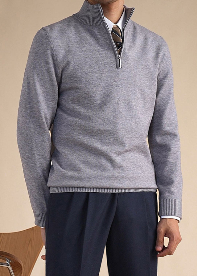 Slim Fit Grey Stand Collar Zip Up Knit Sweaters Winter