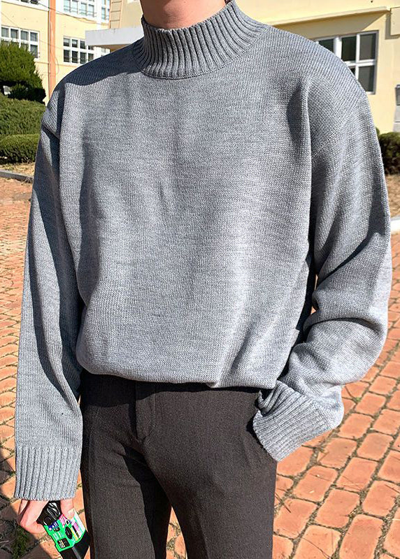 Slim Fit Grey Turtleneck Knit Sweater Tops Winter