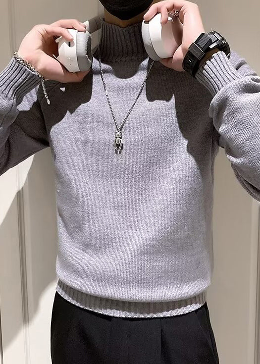 Slim Fit Grey Turtleneck Knit Sweaters Winter