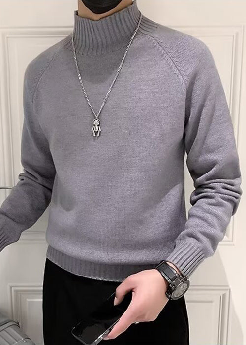 Slim Fit Grey Turtleneck Knit Sweaters Winter