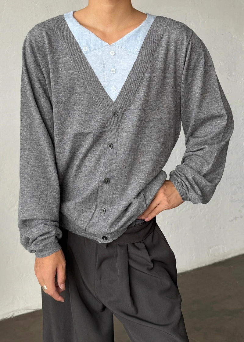 Slim Fit Grey V Neck Button Patchwork Knitting Cotton Sweater Fall
