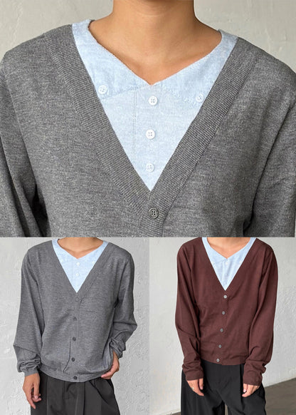Slim Fit Grey V Neck Button Patchwork Knitting Cotton Sweater Fall