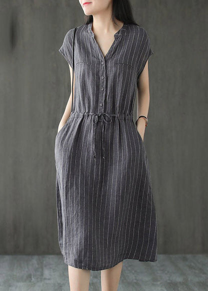 Slim Fit Grey V Neck Button Drawstring Striped Linen Dresses Short Sleeve