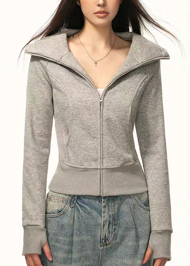 Slim Fit Grey Zip Up Pockets Cotton Hooded Coat Spring
