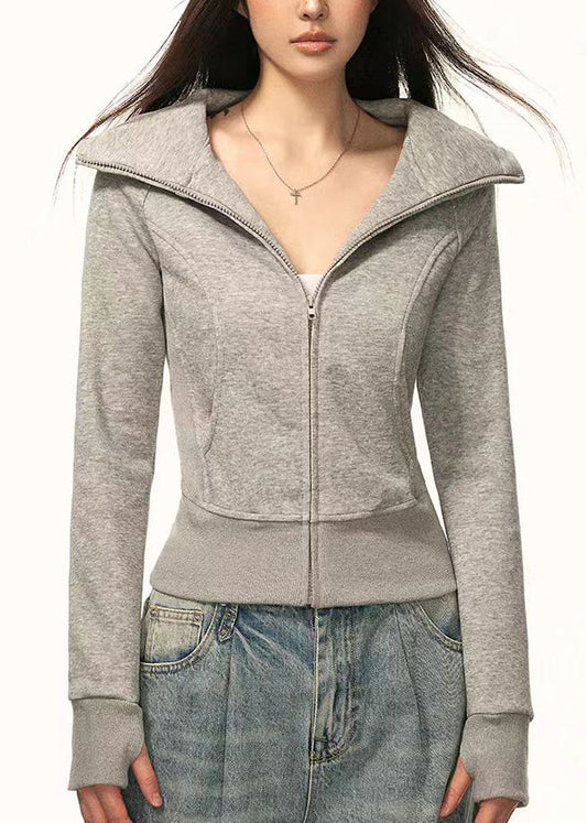 Slim Fit Grey Zip Up Pockets Cotton Hooded Coat Spring