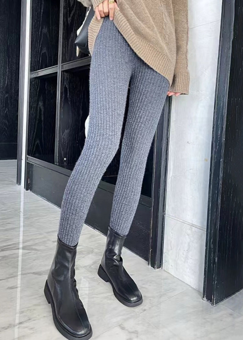 Slim Fit Khaki Striped Elastic Waist Woolen Crop Pants
