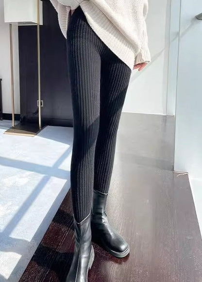 Slim Fit Khaki Striped Elastic Waist Woolen Crop Pants