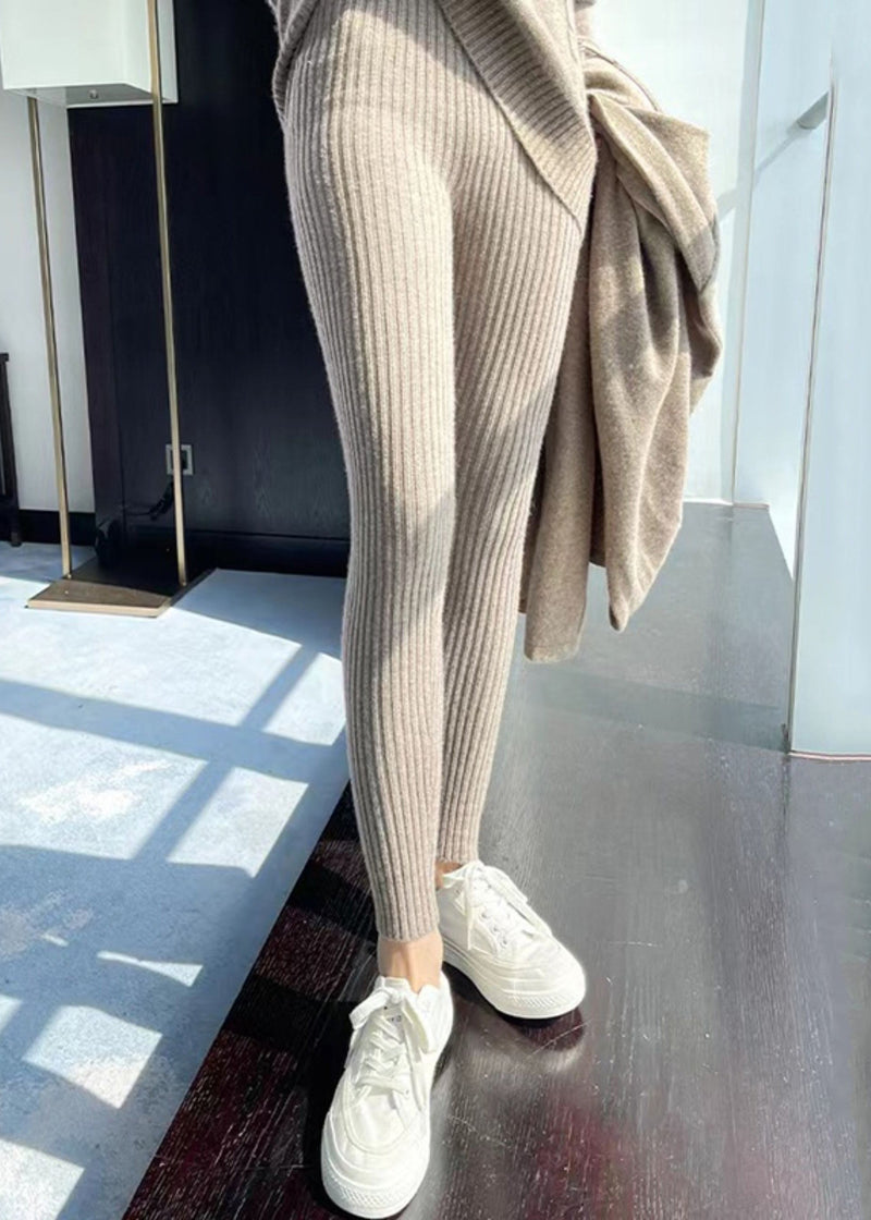 Slim Fit Khaki Striped Elastic Waist Woolen Crop Pants