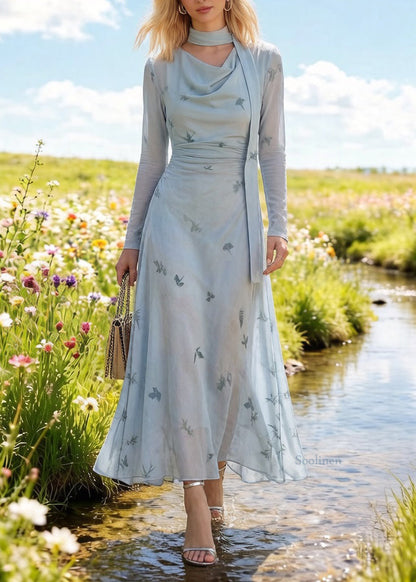 Slim Fit Light Blue Bow Print Cinched Tulle Long Dress Spring