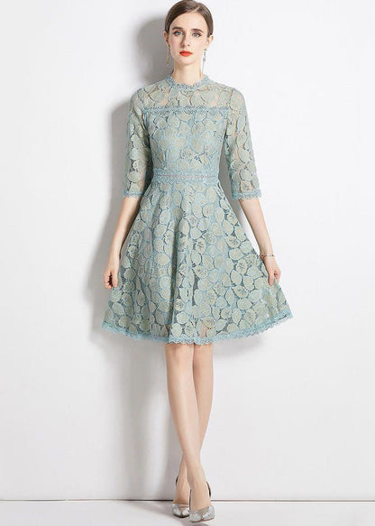 Slim Fit Light Blue Embroideried Patchwork Lace Dress Half Sleeve