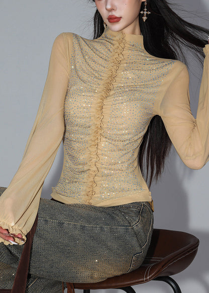 Slim Fit Light Khaki Turtleneck Sequins Patchwork Tulle Shirt Spring