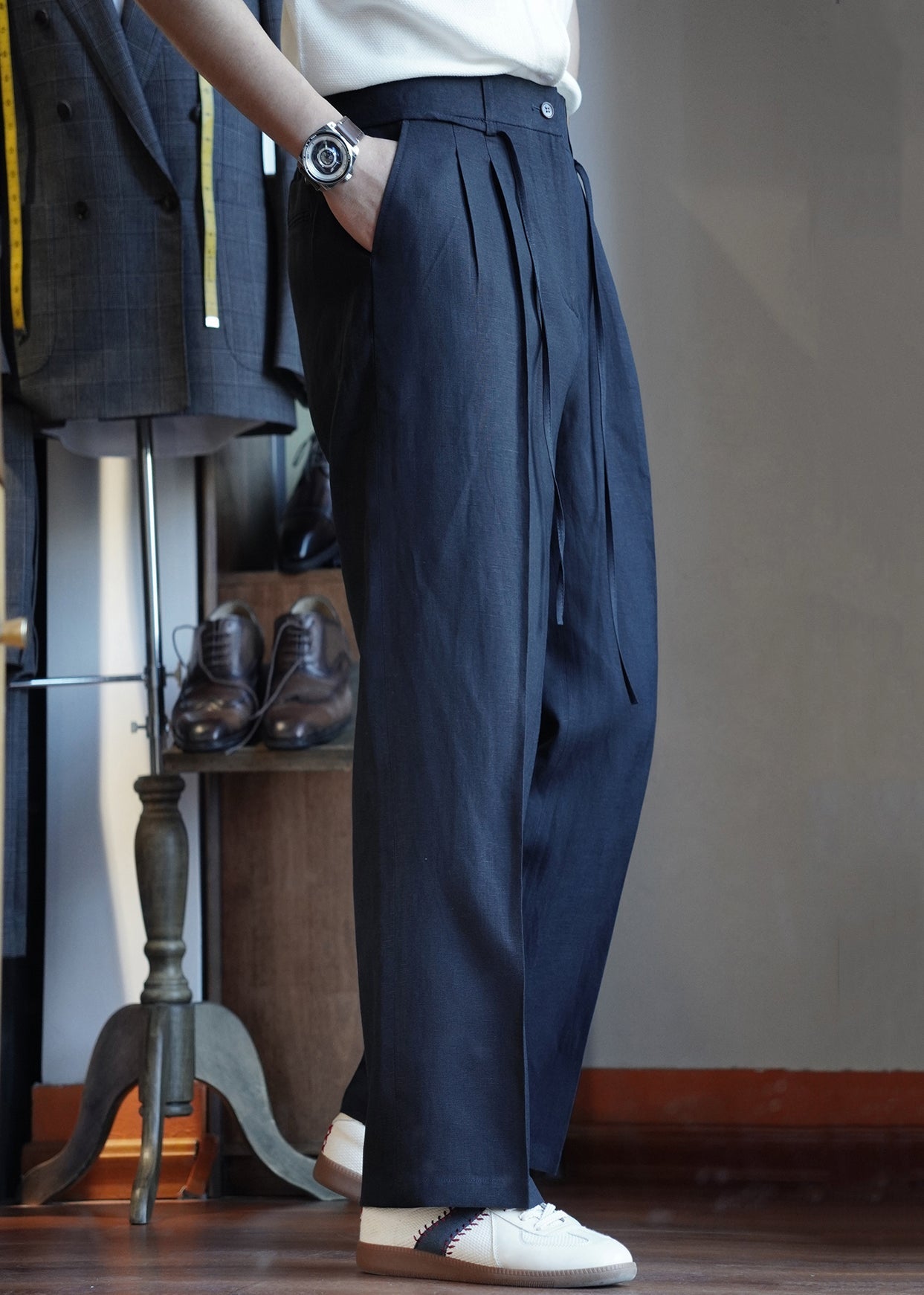 Slim Fit Navy Lace Up Pockets Elastic Waist Cotton Pants Fall
