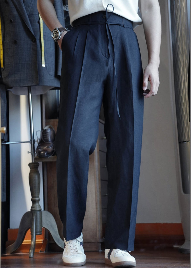 Slim Fit Navy Lace Up Pockets Elastic Waist Cotton Pants Fall