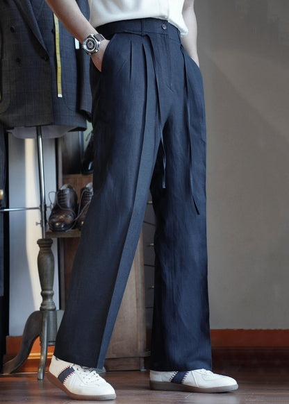 Slim Fit Navy Lace Up Pockets Elastic Waist Cotton Pants Fall