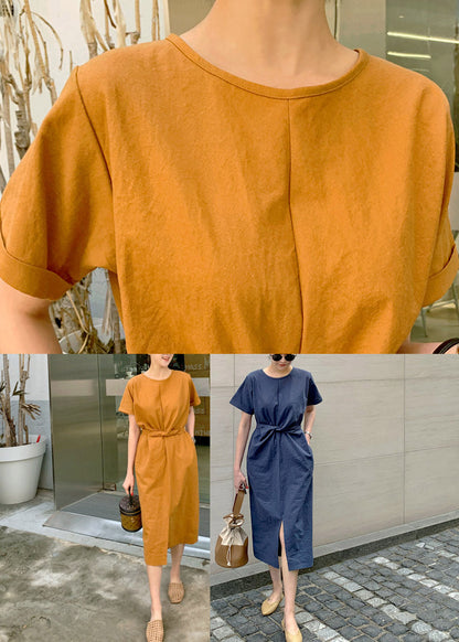 Slim Fit Navy O-neck Pockets Patchwork Dress Short Sleeve