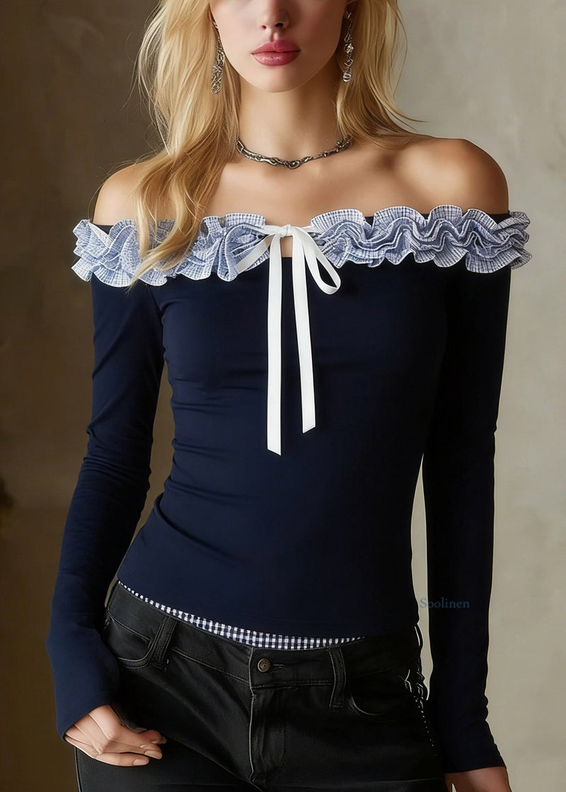 Slim Fit Navy Ruffled Patchwork Top Spring