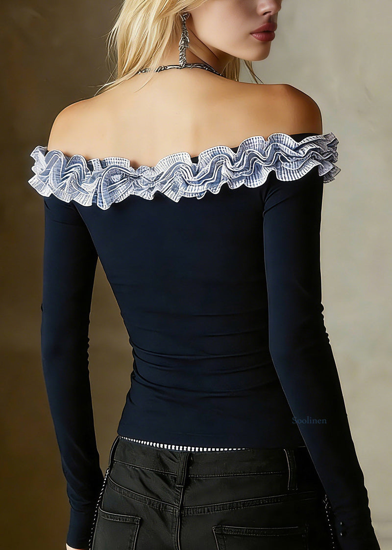Slim Fit Navy Ruffled Patchwork Top Spring