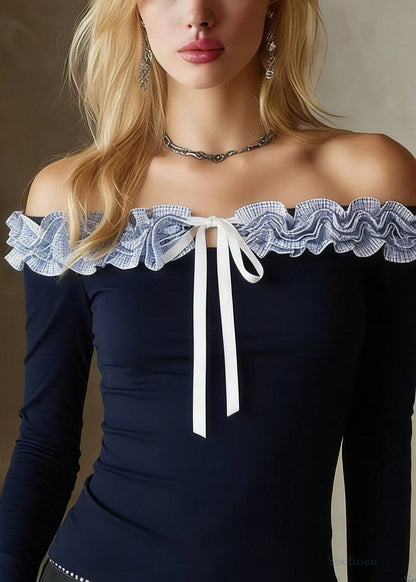 Slim Fit Navy Ruffled Patchwork Floral Top Spring