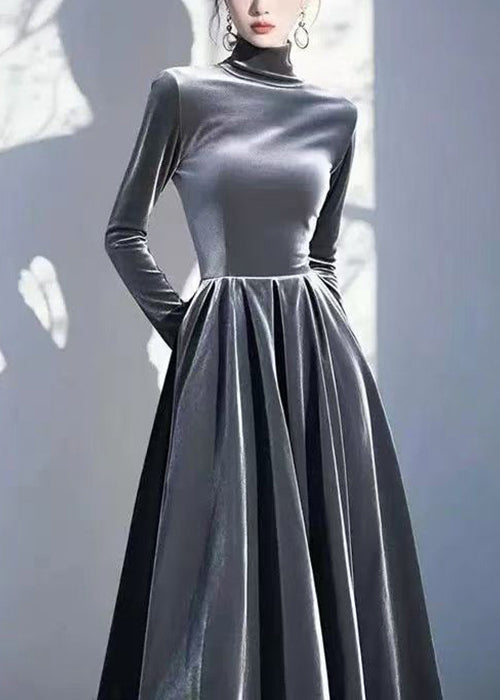 Slim Fit Navy Turtleneck High Waist Silk Velvet Dresses Spring
