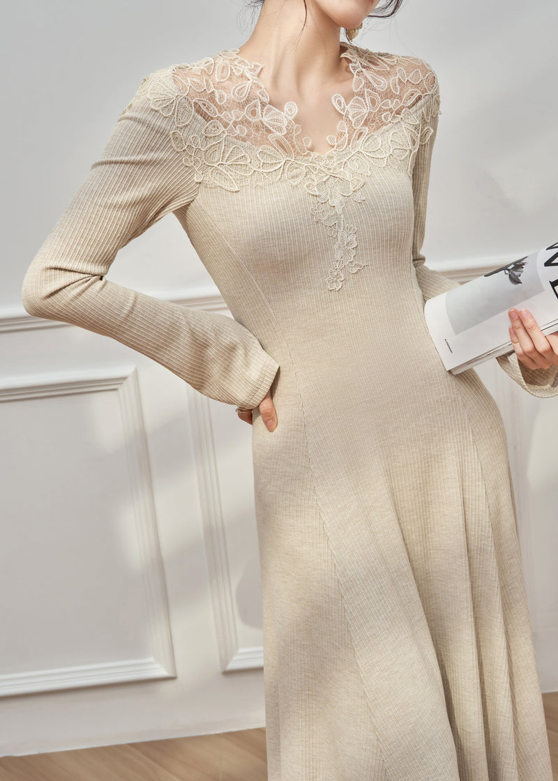 Slim Fit Oatmeal Lace Patchwork Knit Maxi Dresses Flare Sleeve