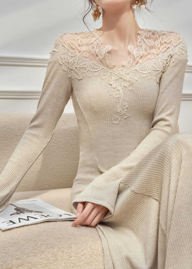 Slim Fit Oatmeal Lace Patchwork Knit Maxi Dresses Flare Sleeve