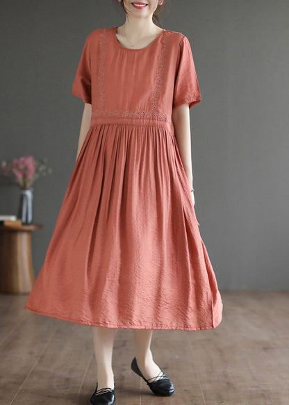 Slim Fit Orange Embroideried Cotton Dresses Summer