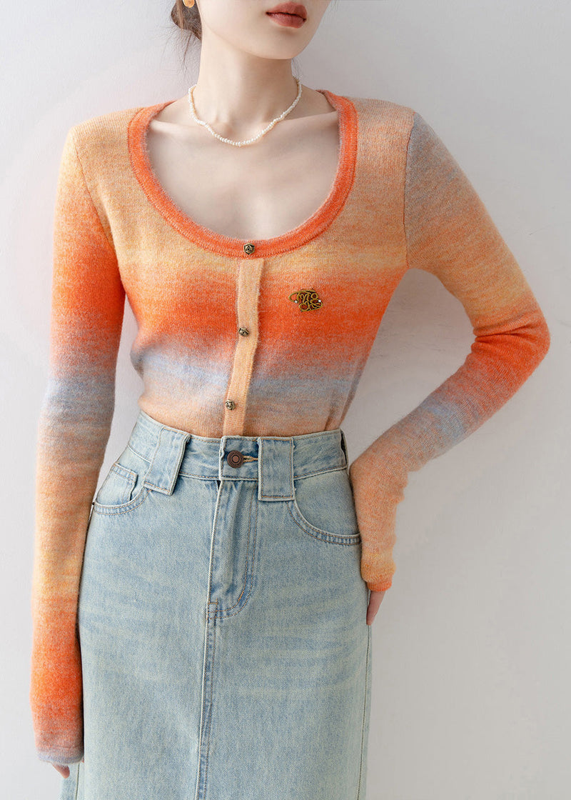 Slim Fit Orange O-neck Knit Sweaters Spring
