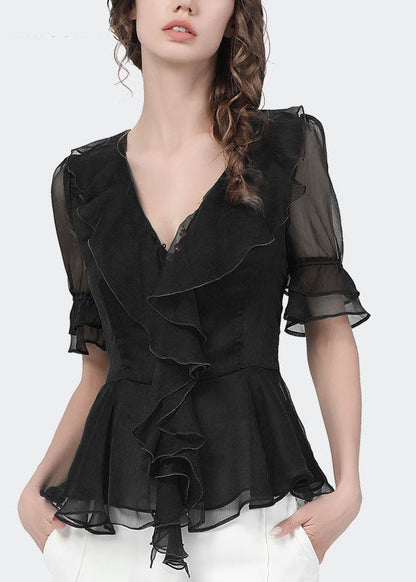 Slim Fit Peacock Blue V Neck Ruffles Color Chiffon Cinch Shirt Top Short Sleeve
