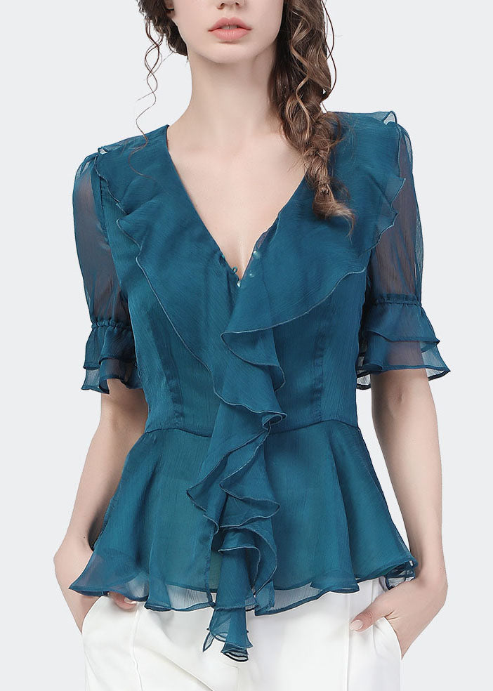 Slim Fit Peacock Blue V Neck Ruffles Color Chiffon Cinch Shirt Top Short Sleeve