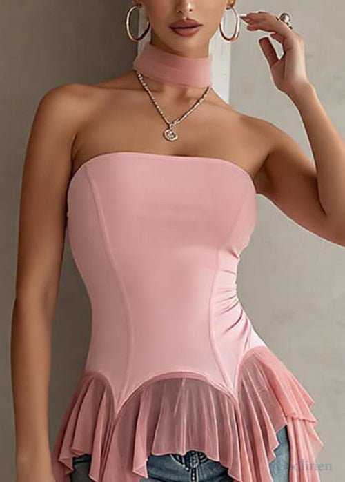 Slim Fit Pink Asymmetrical Tasseled Patchwork Cotton Tank Sleeveless