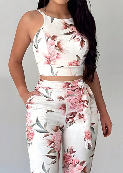 Slim Fit Pink Print Lace Up Tank and Pants Cotton Two Pieces Set Sleeveless