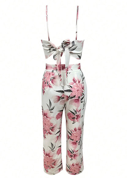 Slim Fit Pink Print Lace Up Tank and Pants Cotton Two Pieces Set Sleeveless