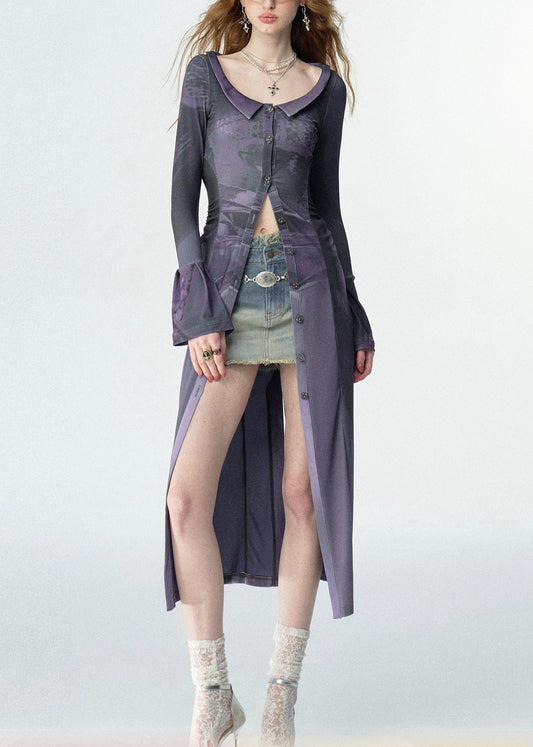 Slim Fit Purple Peter Pan Collar Print Button Maxi Shirts Fall