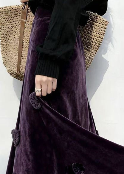 Slim Fit Purple Ruffled High Waist Silk Velvet Skirt Winter