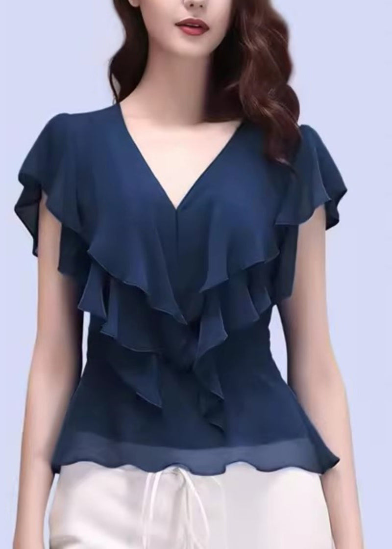 Slim Fit Purple V Neck Ruffled Chiffon Tops Short Sleeve